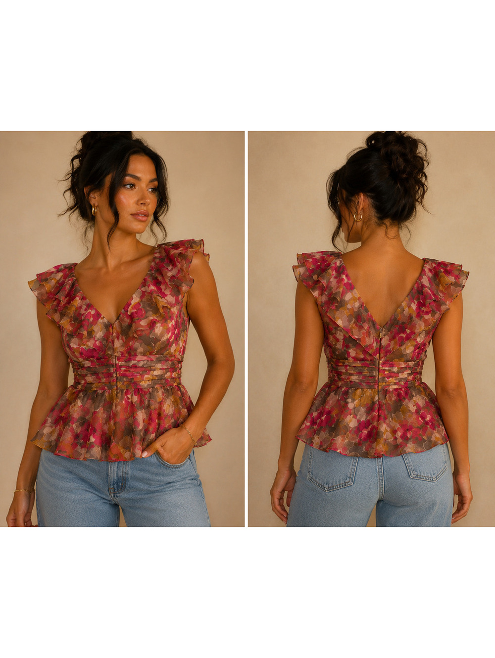 1990’s Vintage Victor Costa Floral Peplum Top Y2K Pink Ruffle Blouse Size 6